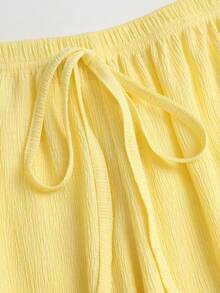Sweetra Damen Frühling/Sommer Gelbes Urlaubsstil strukturiertes Spaghetti-Träger-Top & bequeme vielseitige lässige drapierte gerade Bein weite Hose 2-teiliges Set - Gelb - Übersicht 5