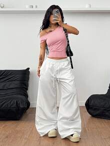 Coolane Summer Outfit For Women Streetwear Casual Basic Solid Color Ruched Asymmetric Neck Versatile Daily Wear Pink T-Shirt - Pink - View 4