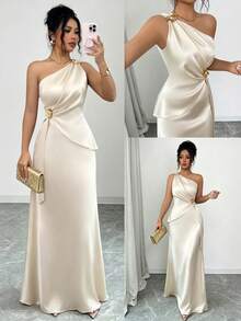 Elenzga Women's Spring/Summer New Elegant Satin Asymmetric Shoulder Metallic Floral Decor Waist Cinched Bodycon Dress Dinner Formal Date Champagne Wedding - Apricot - View 7