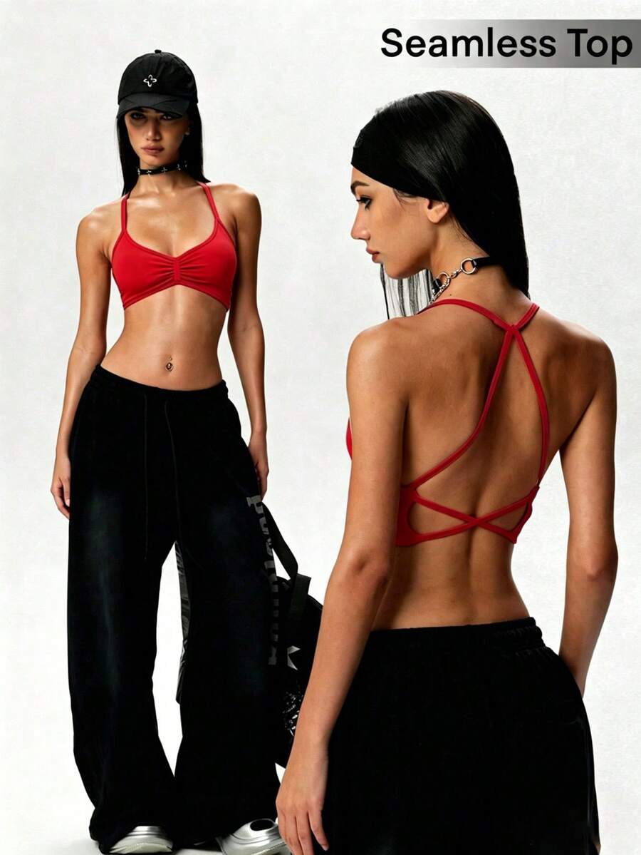 SHEIN Dewbera Sexy Summer Sports Backless Halter Top - Red - View 1