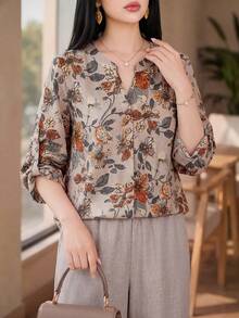 Auveirra 2 Pieces Set Plus Size Women's Floral Print Long Sleeve Shirt & Linen Beige Pants,Boho Casual Country Style For Summer,Vacation,Fall Outfits Elegant - Multicolor - View 7
