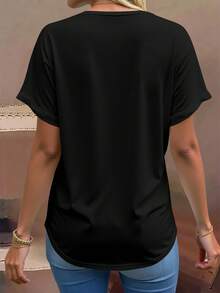 Breezaya Plus Size Casual Solid Color V-Neck Rolled Sleeve T-Shirt, Summer Versatile Comfortable Black Top, Suitable For Daily Wear Vacation Office - Multicolor - View 2