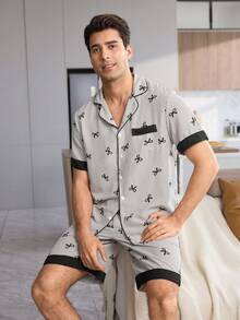 CoupledUp Men's Striped Bow-Print Pajama Set, Stylish Collared Short-Sleeved Color-Blocked Loungewear - Grey - View 2