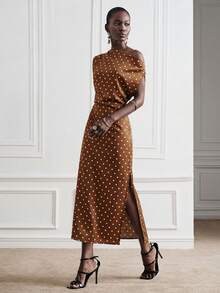 Aveloria Modichic Elegant High-End Party Luxury Asymmetric Shoulder Ruched Waist Design Brown And White Polka Dot Print Women's Padded Sleeveless Long Dress Summer - Coffee - View 3