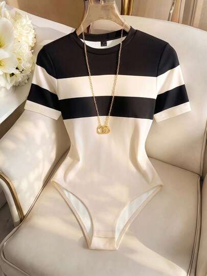 GlowEve Body de mujer, nuevo body de primavera/verano, conjunto de verano para mujer, body de mujer de color contrastante, body de mujer de cuello redondo y manga corta, body ajustado de mujer, body elegante y versátil de uso diario de moda
