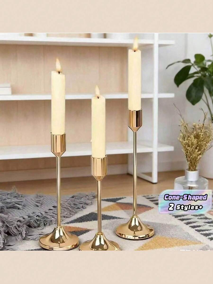 12pcs/6pcs FrenchChampagne Color Candle Holders Set, 6pcs Cone Shaped Candle Holders, Champagne Color Modern Decorative Candle Holders, Suitable For Dining Table, Fireplace, Wedding, Dining, Party, Christmas, Anniversary Decoration (Candles Not Included) - Champagne - View 1