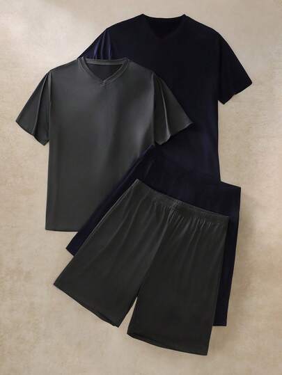 Provexi Provexi Men's Basic Casual Loose Comfortable Black & Grey Short Sleeve T-Shirt & Shorts Loungewear Set, (Includes 2 Tops & 2 Pants)