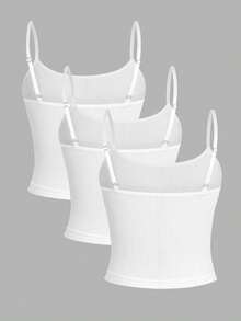 SHEIN Tween-Mädchen Tween-Mädchen Tween-Mädchen 3-teiliges weißes einfaches, grundlegendes, bequemes Camisole-Set, Mädchen Unterwäsche-Set, bequemes gestricktes Baumwoll-Camisole, ganzjährig - Weiss - Übersicht 2