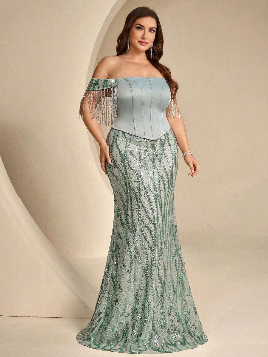 Coutiva 大尺碼女款露肩珠飾前片流蘇正式晚禮服(重工風格) - 綠色 - 查看 1