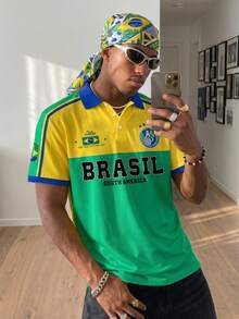 Gritte Field Football Soccer Jersey  Brazil  World CupStyle Polo Shirt, Yellow-Green Contrast Color, BRASIL Letter & Five-Star Badge Print, Loose Casual Sports Top, Men/Women Graphic T-Shirt, Football/Soccer Merchandise Summer Tops  World Cup  Summer Tops  Tops For Women  Summer Clothes  Tshirts For Women Brazilian Jersey Brazil T Shirt South America Shirt - Multicolor - View 6