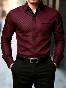 Manfinity Mode Men's Plaid Single-Breasted Business Travel Long Sleeve Shirt - Burgundy - View 1