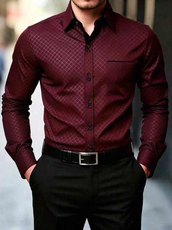 Manfinity Mode Camisa de manga larga a cuadros de un solo pecho para negocios y viajes, formal para hombres