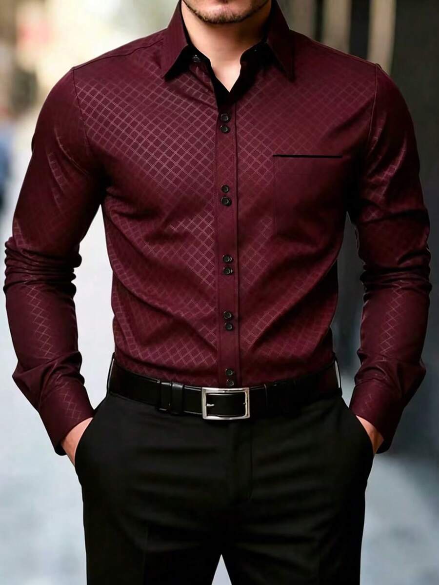 Manfinity Mode Men's Plaid Single-Breasted Business Travel Long Sleeve Shirt - Burgundy - View 1