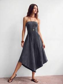Bohemela Damen Lässig einfarbiger Strick Bandeau-Top & Weite Bein Jumpsuit - Schwarz - Übersicht 5