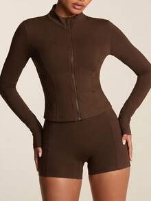 SHEIN BAE High Neck Long Sleeves Skinny Women Sports Sets - Brown - View 6