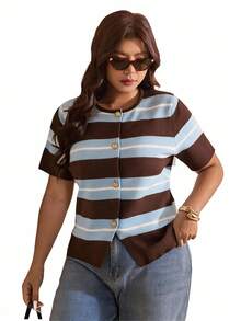 CosyJoli 大尺碼針織開襟衫短袖上衣，春夏針織外套，休閒女款條紋上衣，辦公室夏季冷氣外套，短袖外穿，初秋日常女裝 - 藍白色 - 查看 4