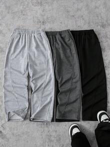 3件組青少年男孩高街時尚純色針織直筒長褲，新穎時尚，舒適面料，適合多樣穿搭，夏季新品，四季皆宜 - 彩色 - 查看 3
