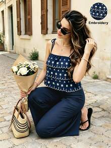 TaskSense Vacation Casual Sexy Breezy 2 In 1 Spaghetti Strap Jumpsuit Beach Vacation Navy Blue Floral Summer - Blue - View 4