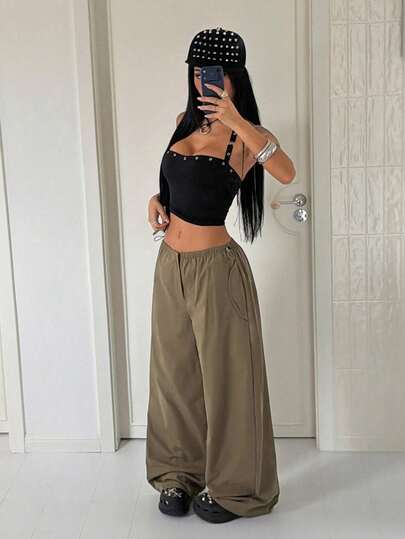 StreetHx Pantalones cargo holgados de pierna ancha estilo vintage streetwear verde para mujer primavera/verano