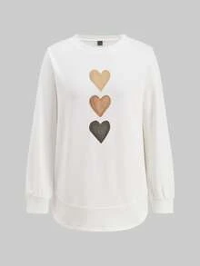 EMERY ROSE Sweatshirt Wanita Putih Campuran Katun dengan Gambar Hati - Lengan Panjang, Kasual, Musim Gugur - Putih - View 6