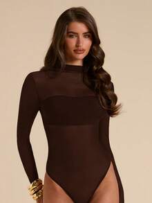 SHEIN BAE Spring/Summer Solid Elegant Sheer Fitted Ruched Women's Mesh Bodysuit, Simple & Elegant - Coffee Brown - View 1