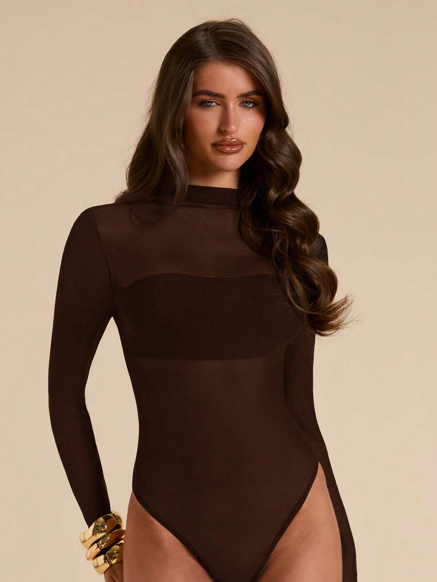 SHEIN BAE Spring/Summer Solid Elegant Sheer Fitted Ruched Women's Mesh Bodysuit, Simple & Elegant - Coffee Brown - View 1