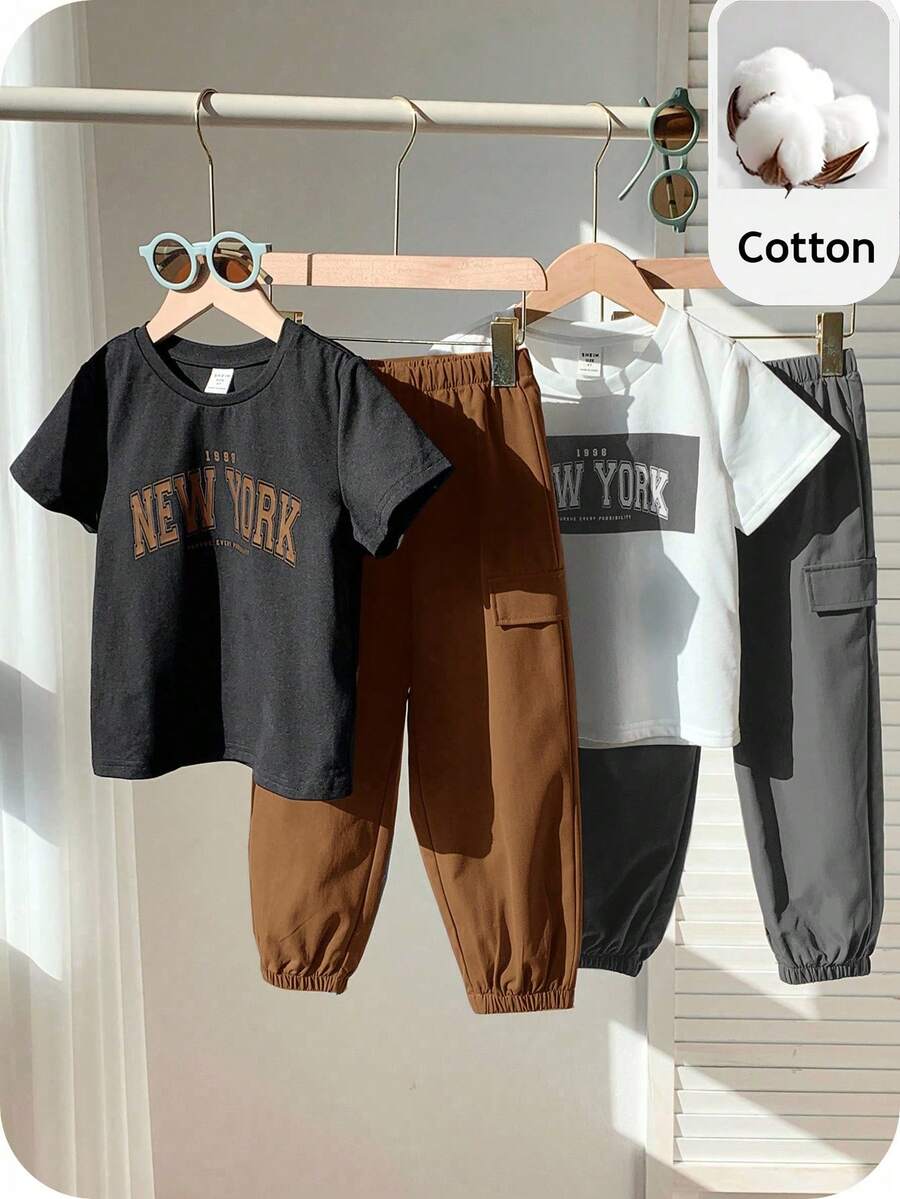 SHEIN Young Boy Letter Print Crew Neck Short Sleeve T-Shirt And Pants Casual Set