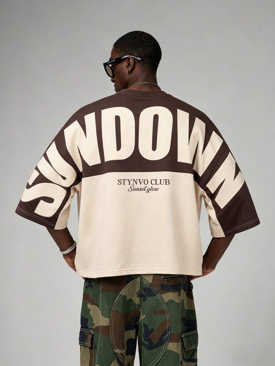 STYNVO Men's Summer Casual Streetwear Color Block Patchwork Letter Print T-Shirt Vacation Holiday Brown - Apricot - View 1