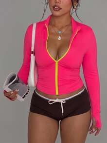 SHEIN Dewbera Spring/Autumn Plus Size Women's Sports Jacket, Dopamine Magenta Long Sleeve Regular Fit Stand Collar Contrast Color Neon Green Full Zip Solid Color Fashion Versatile, Suitable For Daily Casual, Running, Yoga, Gym, Tennis, Golf - Hot Pink - View 3