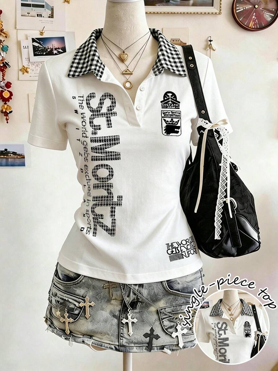 Lalippa Letter Print Fashionable Minimalist Women's Polo Collar T-Shirt, Gift For Friends - White - View 1
