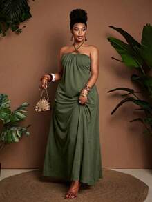 Maweii Summer Plus Size Women Strapless Tie Metal Buckle Decor Tube Top 2 In 1 Waist-Exposing Flared Dress - Army Green - View 6
