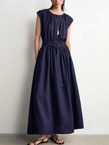 Aalyst Women's Solid Color Faux Linen Round Neck Loose Fit Button-Front Cinched Waist A-Line Dress Side Pockets Cap Sleeves Navy Blue Elegant Casual Office - Navy Blue - View 3