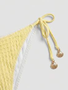 Sweetra Swim Vcay 2pcs Women Lace Trim Jacquard Triangle Bikini Set,Strap Tie Up Halter Yellow Bikini Set With Gold Shell Decor For Summer Beach Vacation - Yellow - View 4