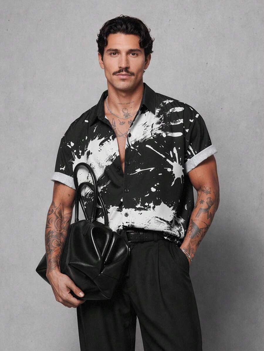GENTILAND Men's Casual Print Short Sleeve Shirt, Summer Shirts For Men Graphic Short Sleeve Shirt Y2K Print Oversized Shirt Streetwear - Black - View 1
