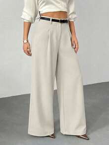 SHEIN PETITE Women's Black Solid Color Wide Leg Pants With Belt, Casual Wide Leg Trousers Suitable For Petite - Apricot - View 4