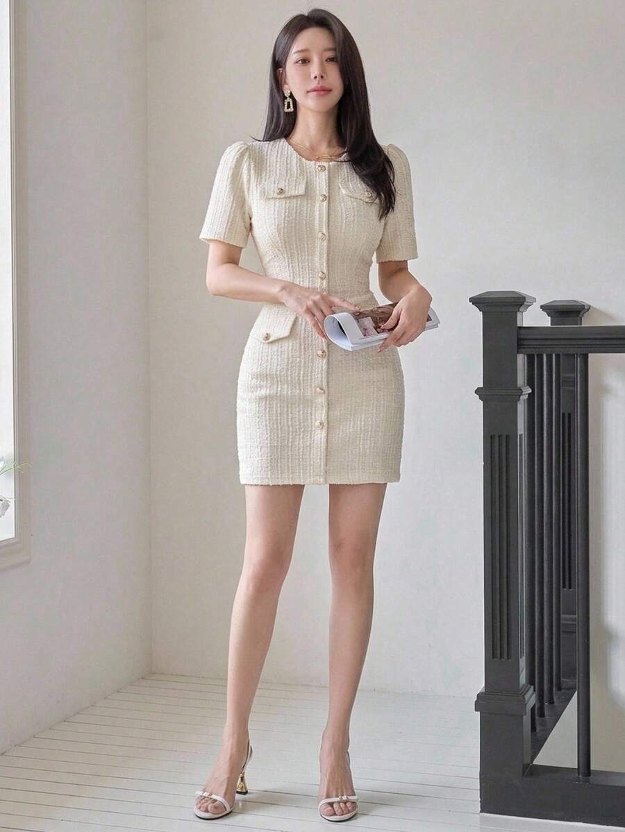 DAZY 女士纯色圆领短花瓣袖金属单排扣修身优雅连衣裙夏季 - 米色 - 查看 1