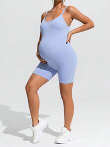 SHEIN Umstandsmode einfarbiger figurbetonter Camisole Sport-Romper - Blau - Übersicht 6