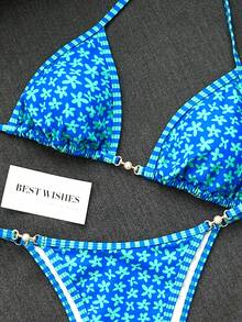 Swim Mod 新款女款比基尼套裝 夏季新款海灘百搭兩件套 甜美系列 藍色調比基尼套裝 藍綠色調花卉印花搭配藍綠色調條紋印花 荷葉邊飾比基尼上衣 可調節後背設計 附珍珠飾品 三角褲 可調節 適合夏季海灘度假穿著 - 彩色 - 查看 8