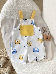 SHEIN Playful Pals Romper Bayi Laki-laki Motif Kepala Beruang Musim Panas dengan Desain Saku, Cocok untuk di Rumah, Santai, Pesta, dan Bepergian - Putih - View 3