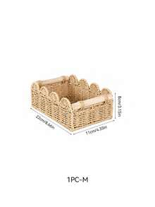 1PC Paper Rope Rattan Woven Storage Basket, Tea Table Storage Box, Toys, Snacks, Cosmetics Storage, Japanese Wooden Handle, Petal Style Storage - Brown - View 12