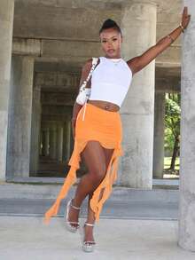 Steph T Spring Ruched Ruffle Trim Ruffle Hem Mesh Black Skirt - Orange - View 3