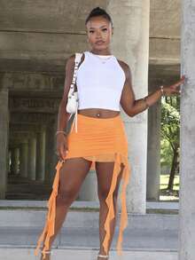 Steph T Spring Ruched Ruffle Trim Ruffle Hem Mesh Black Skirt - Orange - View 6
