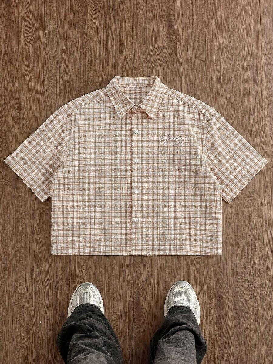 SWAVVY Men's Summer Casual Plaid Short Sleeve Shirt - Brown - View 1