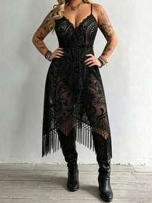 Whyspr Plus Size Women's Sexy Mesh Flocked Patchwork Tassel Design Sleeveless Drawstring Waist Dress - Black - View 4