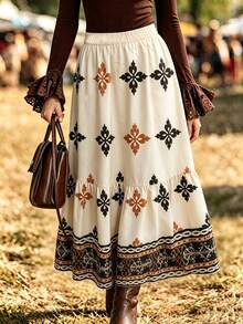 LanaWest Women's Summer Vintage Boho Floral Pattern West Casual Skirt Vacation Beige - Multicolor - View 5