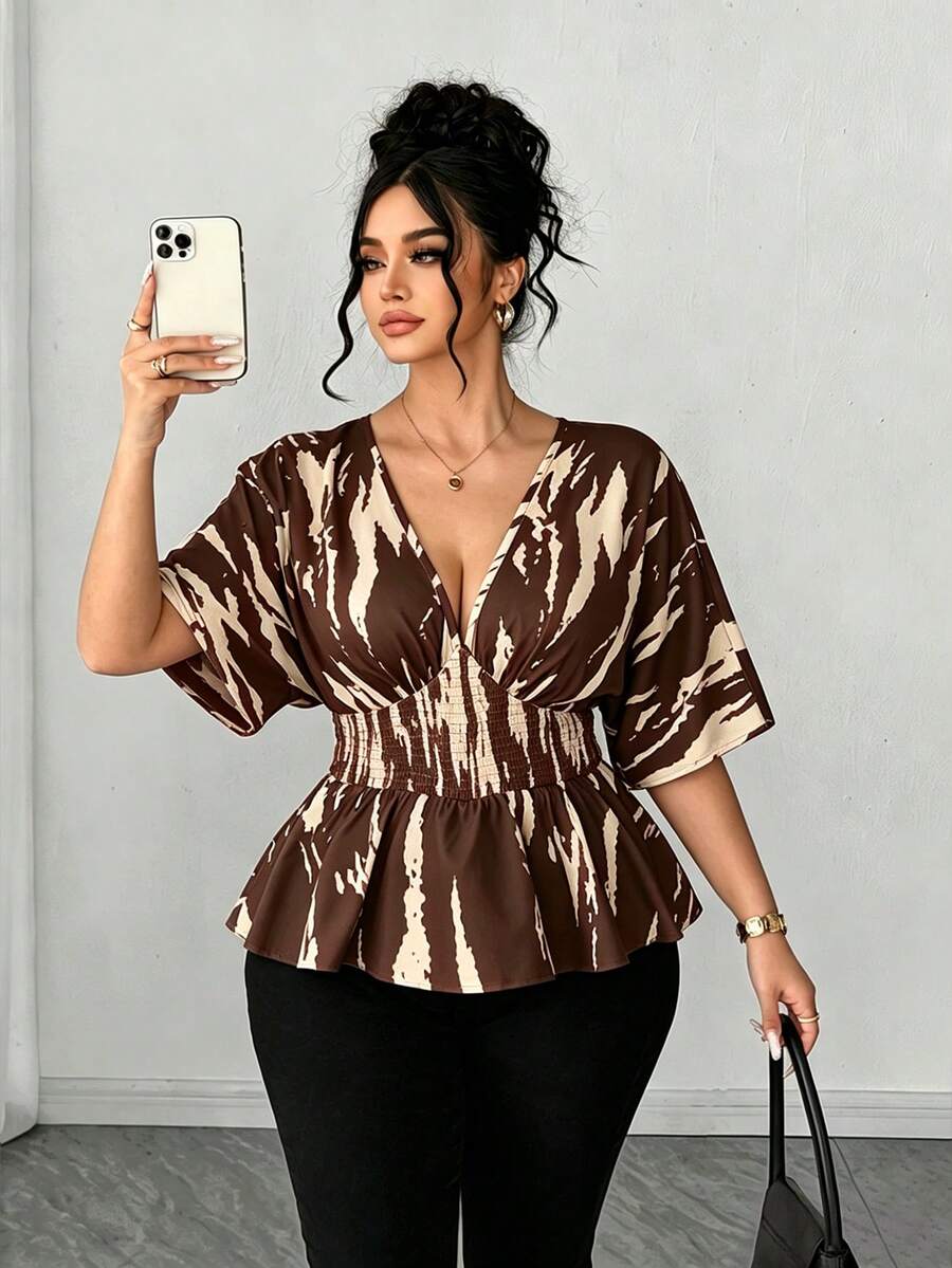 SHEIN Elenzya 女款大尺碼V領蝙蝠袖休閒襯衫,戶外穿搭、派對與通勤適用 - 棕色 - 查看 1