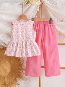 SHEIN Elladie kids 女童新款清新田園風精緻碎花兩件套，粉色蝴蝶結裝飾無袖背心上衣 + 粉色紋理布料寬腿長褲，甜美可愛時尚休閒穿搭，夏季 - 西瓜粉 - 查看 2