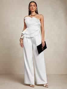 Silquee Women's Solid Color Pleated Ruffle Trim Fashion Bandeau Top Party - White - View 3