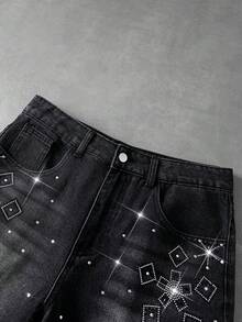 ROMWE MEN Men's Rhinestone Detail Fashion Pocket Button Street Denim Shorts - Black - View 3
