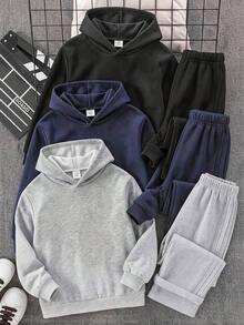 SHEIN 2件組兒童青少年男童灰色&黑色春/秋/冬寬鬆寬腿褲，對比腰繩設計，百搭韓日風，適合上學、居家、外出、時尚穿搭 - 彩色 - 查看 2